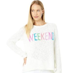NWT Lilly Pulitzer Danette Sweater White with colorful “Weekend” Detail Size L